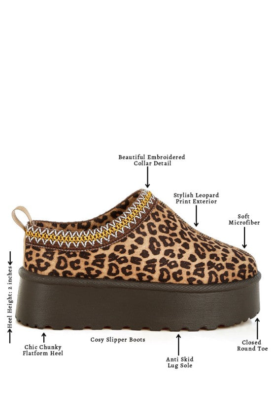 Leopard print slip-on platform with embroidered trim, soft interior, anti-skid lug sole