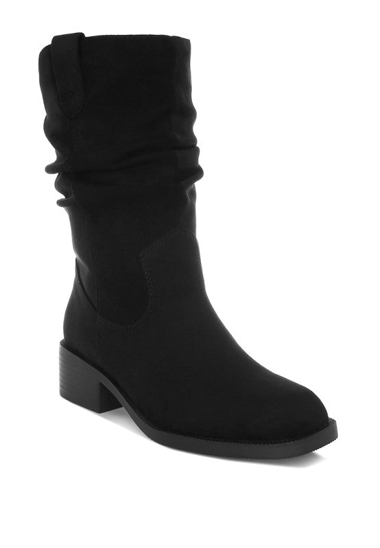 Ottawa slouch cowboy boots, black suede pull-on with block heel and stitched detail
