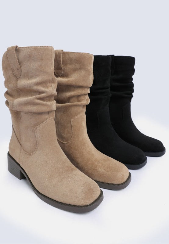 Ottawa slouch cowboy boots in taupe and black suede, pull-on style with block heels