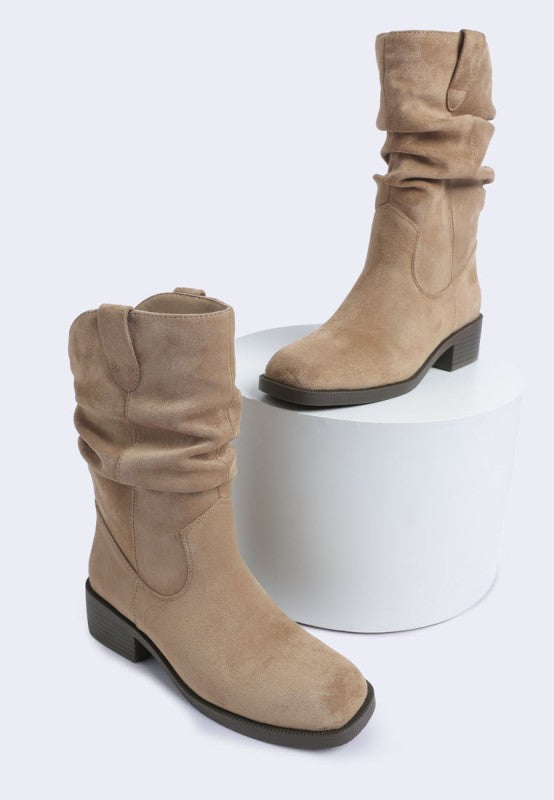 Taupe slouch cowboy boots with wide shaft, pull-on design, stacked block heel