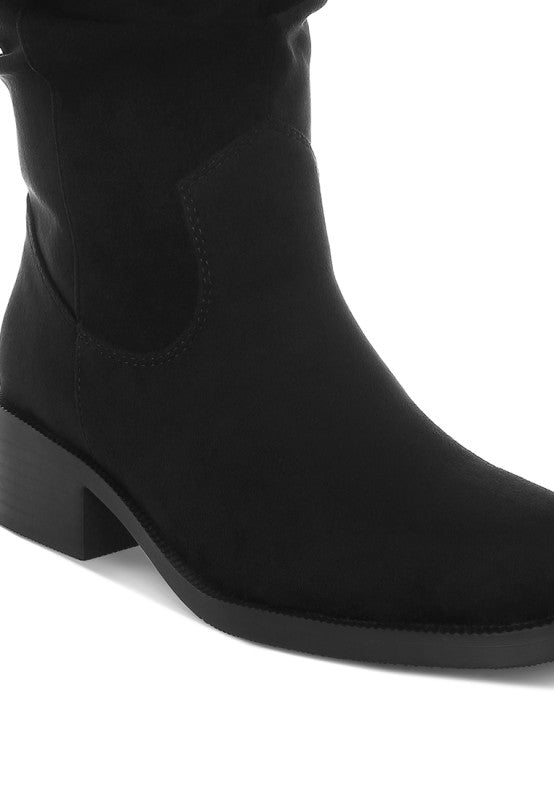 Black slouch cowboy boots side view: suede upper, stitched panel, low block heel