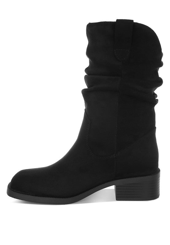 Black slouch cowboy boots front view: ruched shaft, pull-on design, low block heel
