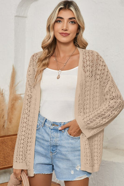 Out Crochet Knit Drop Shoulder Open Front Cardigan - Tigbul's Variety Fashion Shop