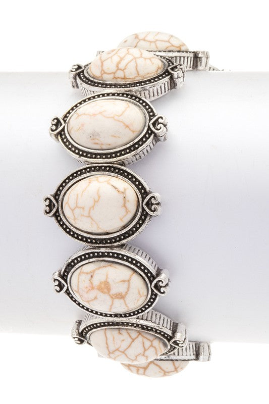 Oval stone western stretch bracelet, white marbled cabochons on silver-toned cuff
