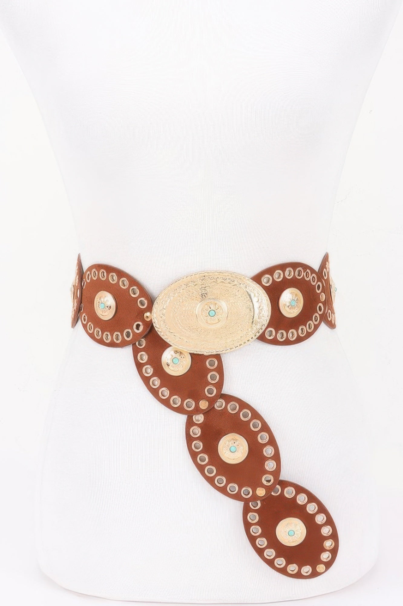 Camel-brown oval studded statement belt with circular gem details
