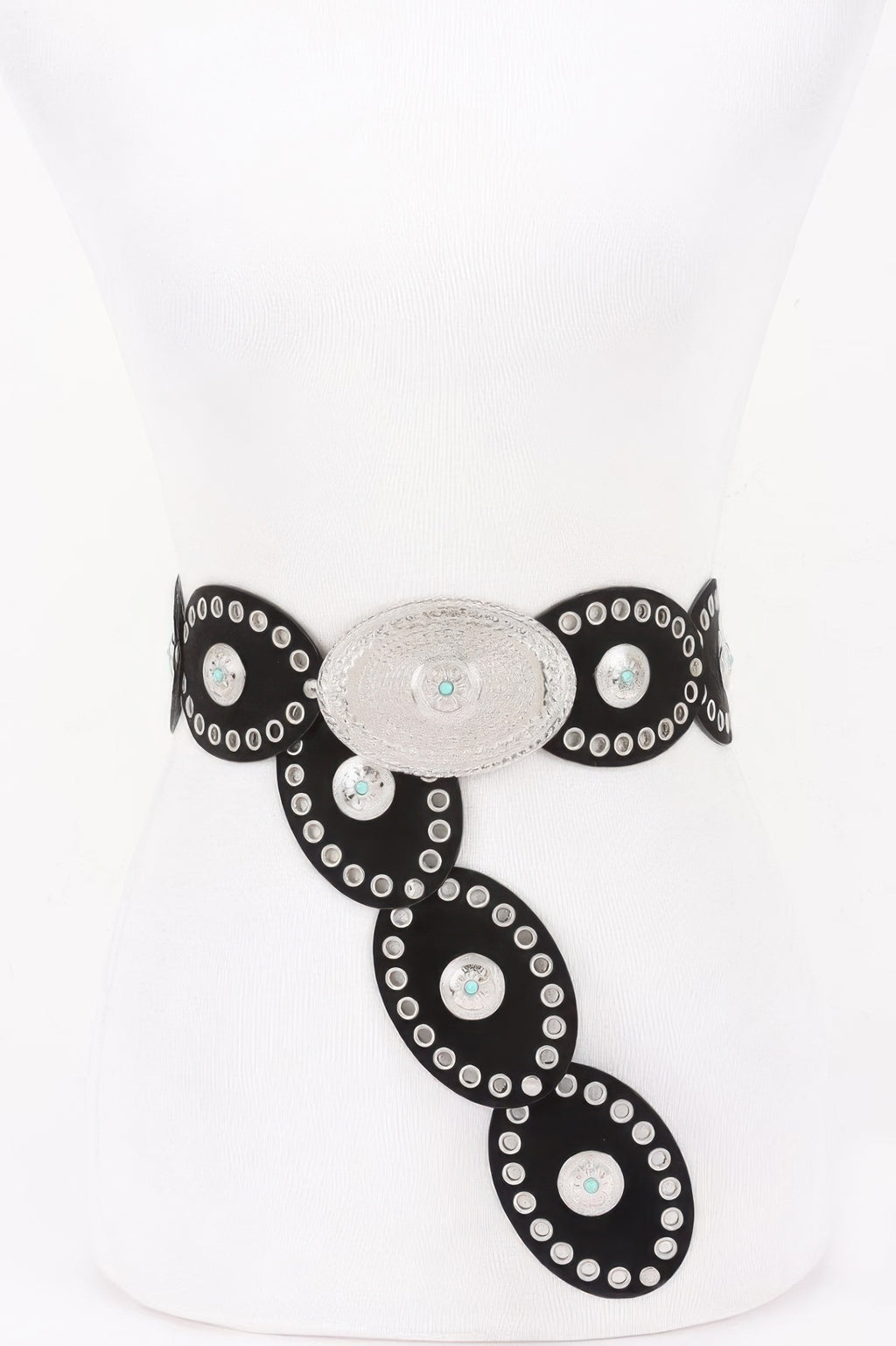 Black oval studded statement belt with silver center oval and round gem studs