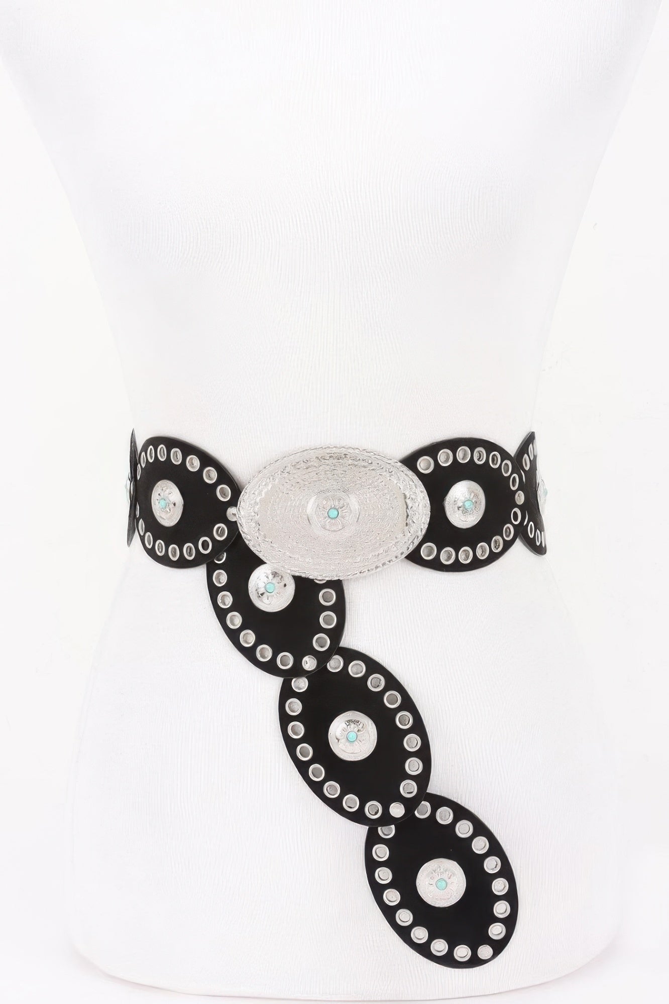 Black oval studded statement belt with silver center oval and round gem studs