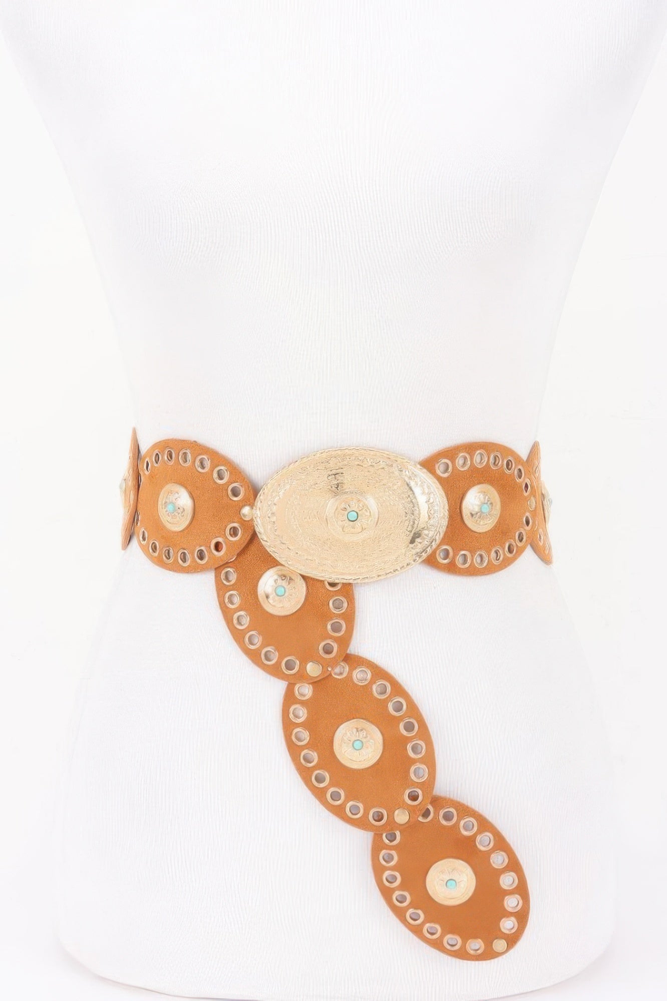 Camel oval studded statement belt with large studded ovals and silver center