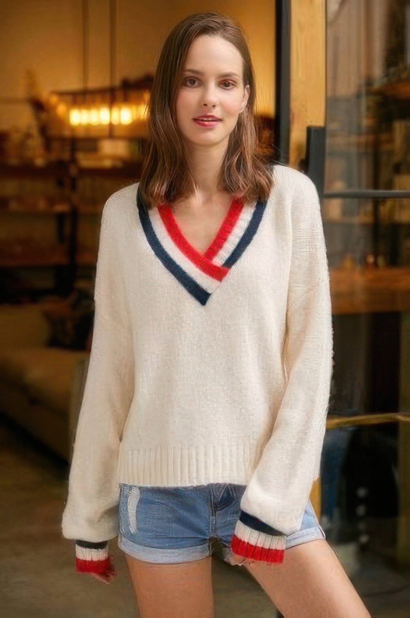 Overlap V-neck sweater, off-white knit with red, white, and navy striped trim