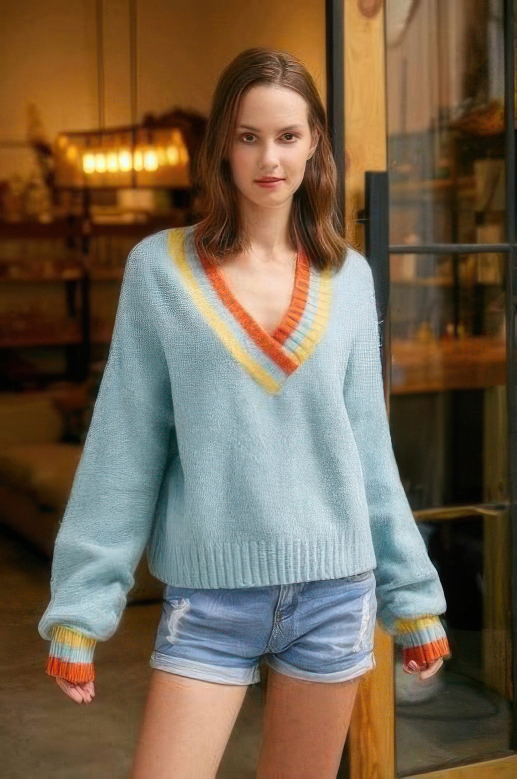Overlap V-neck sweater in light blue with orange/yellow rib trim