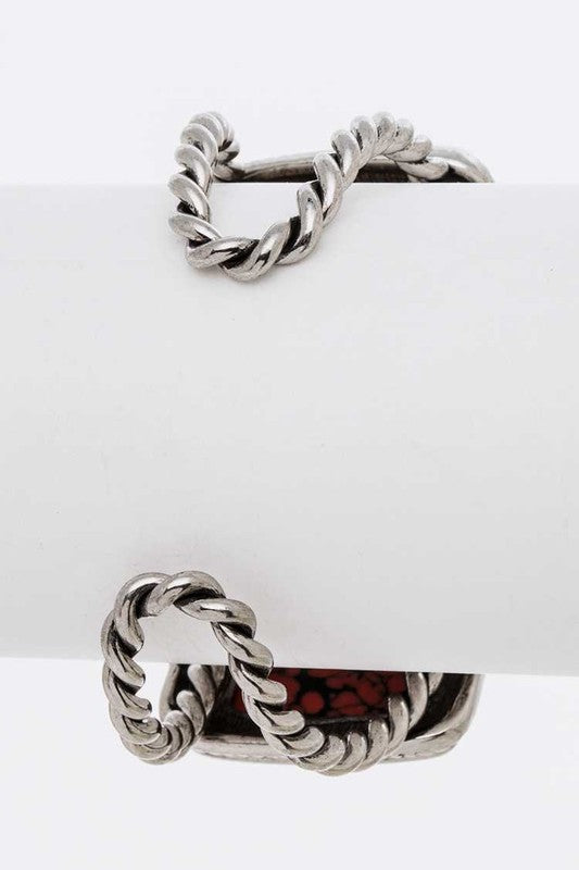 Red stone western cuff bangle with silver chain links, open fit, O/S