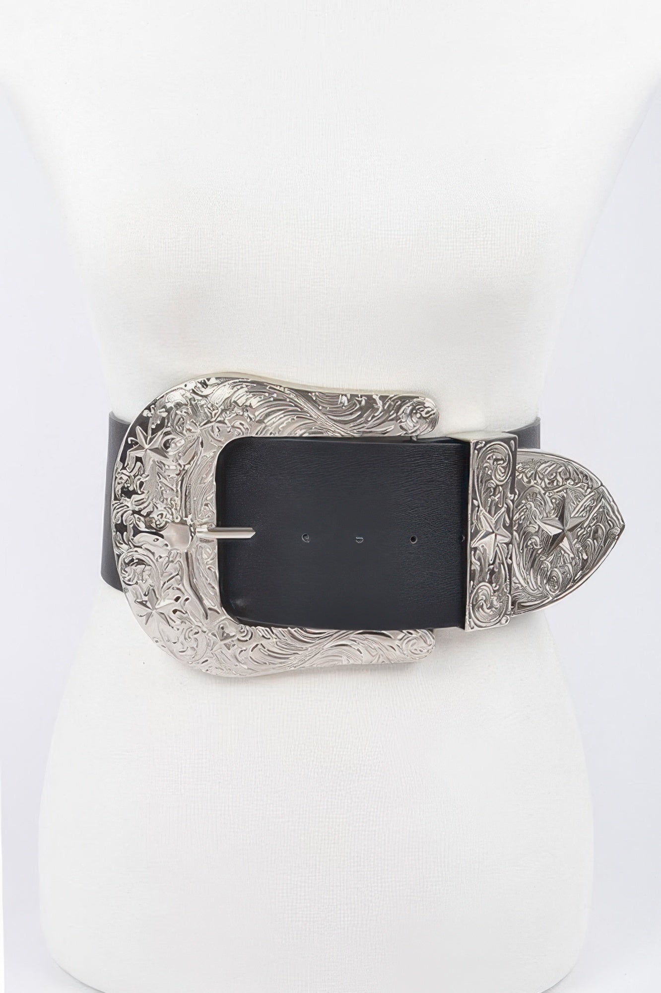 Oversized Belt, black leather with silver engraved buckle and oval end