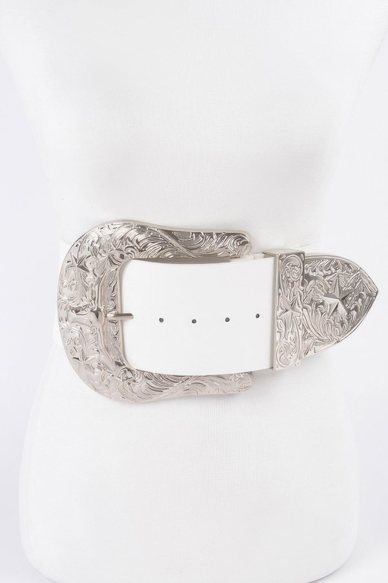 Oversized Belt, white leather with silver ornate buckle and decorative keeper