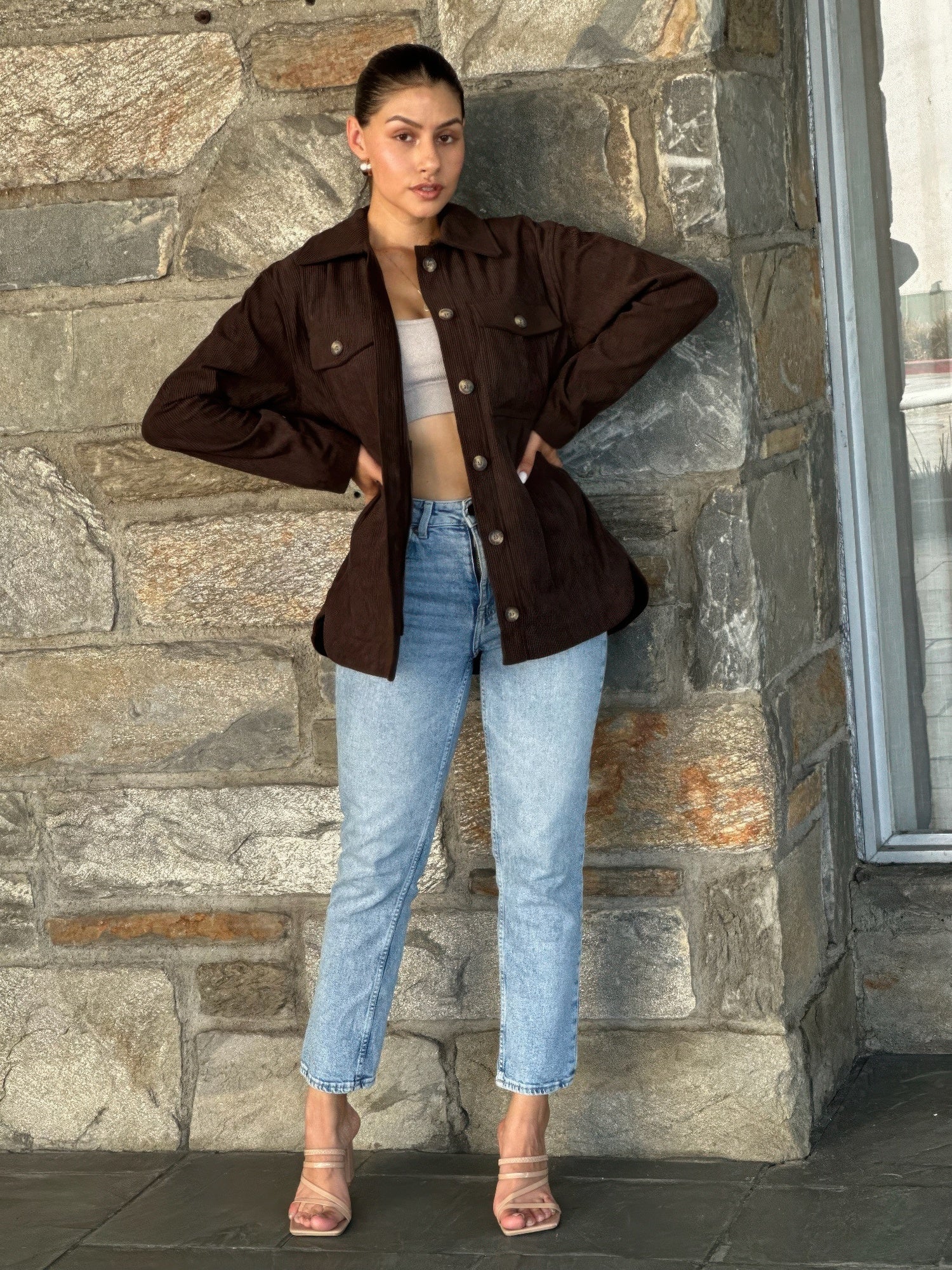 Oversized dark brown corduroy shacket with button-front and chest snap pockets