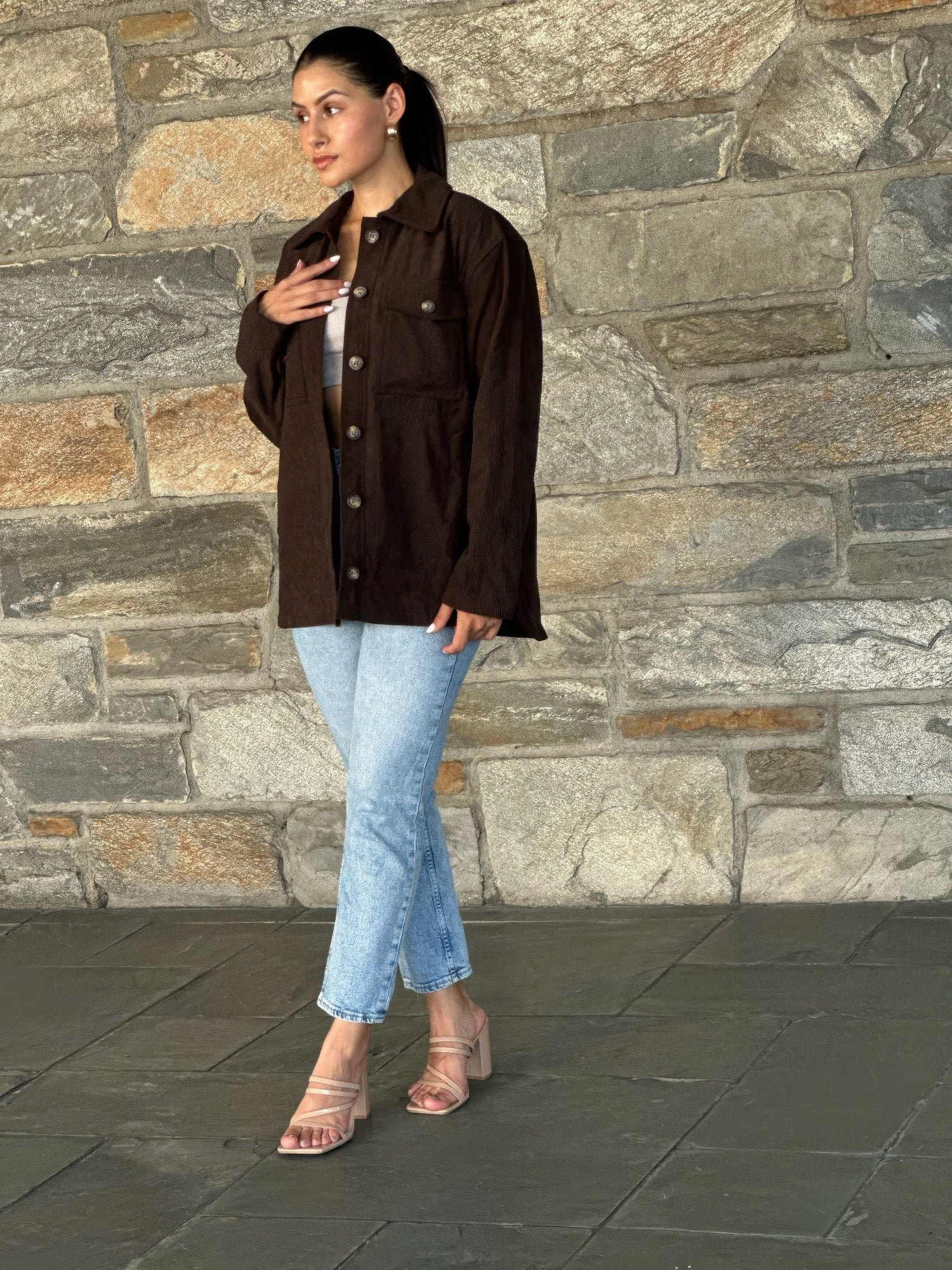 Tigbul's oversized corduroy shacket, dark brown, button-up with two chest pockets