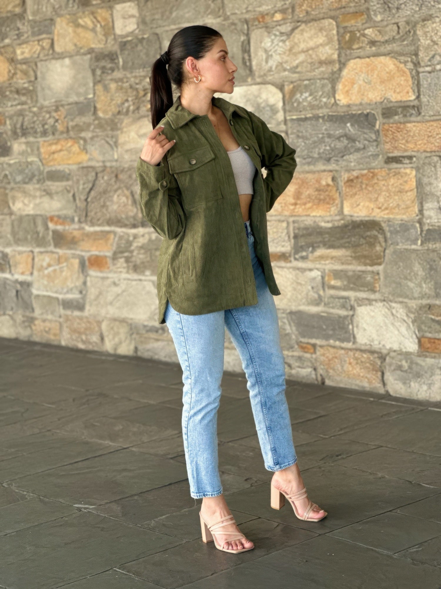 Oversized olive corduroy shacket with button front and chest pockets