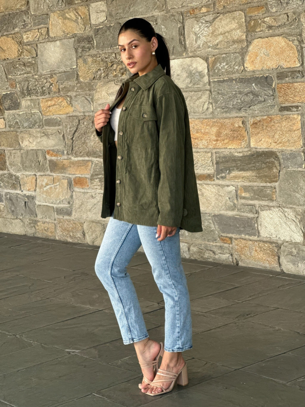Oversized corduroy utility shacket, olive, button front and collar detail