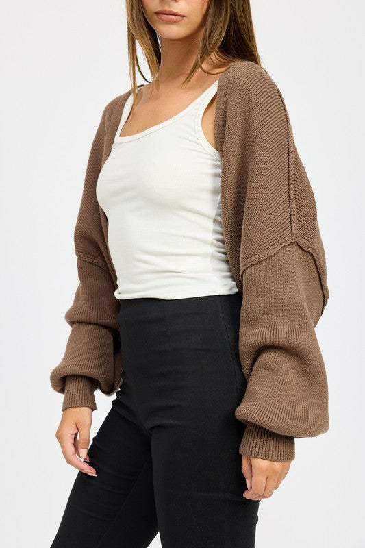 Coffee brown oversized shrug cardigan draped open front and ribbed cuffs