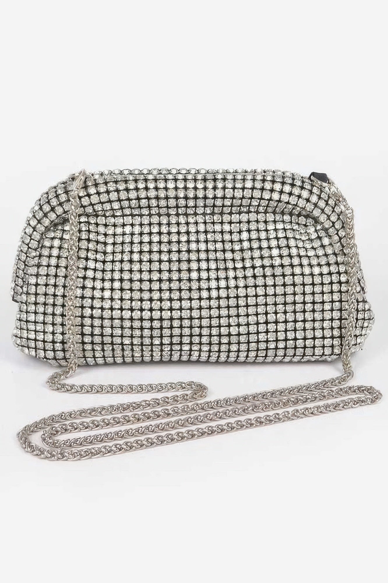 Silver rhinestone oversized clutch with chain strap, rectangular front and frame