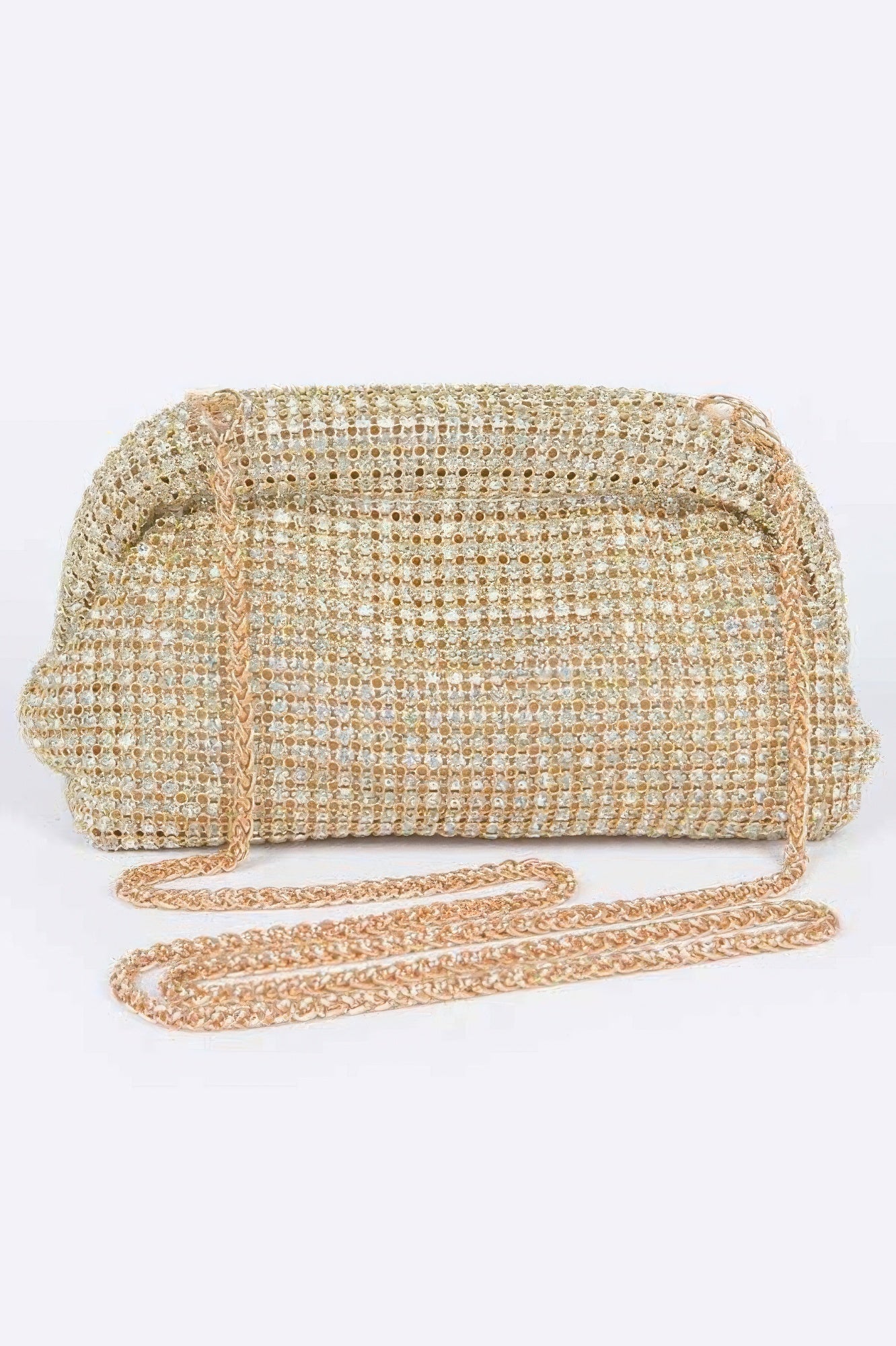 Gold rhinestone oversized clutch with crossbody chain strap, rounded top frame