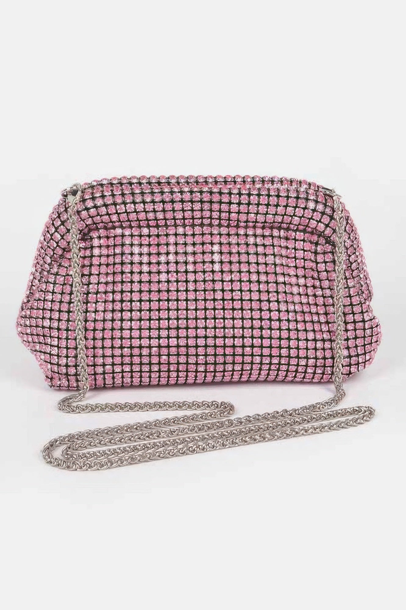 Pink rhinestone oversized clutch with metallic chain strap, dome front frame