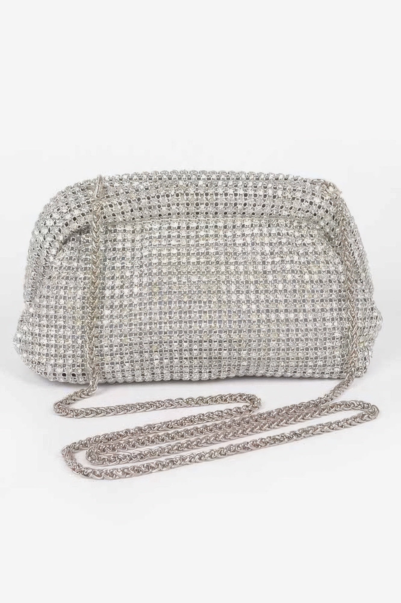 Clear silver rhinestone oversized clutch with long chain shoulder strap, rounded sides