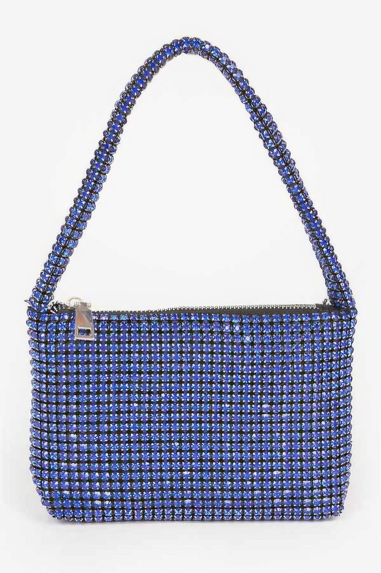 Oversized stone small hobo bag in cobalt blue rhinestones, zip top, shoulder straps