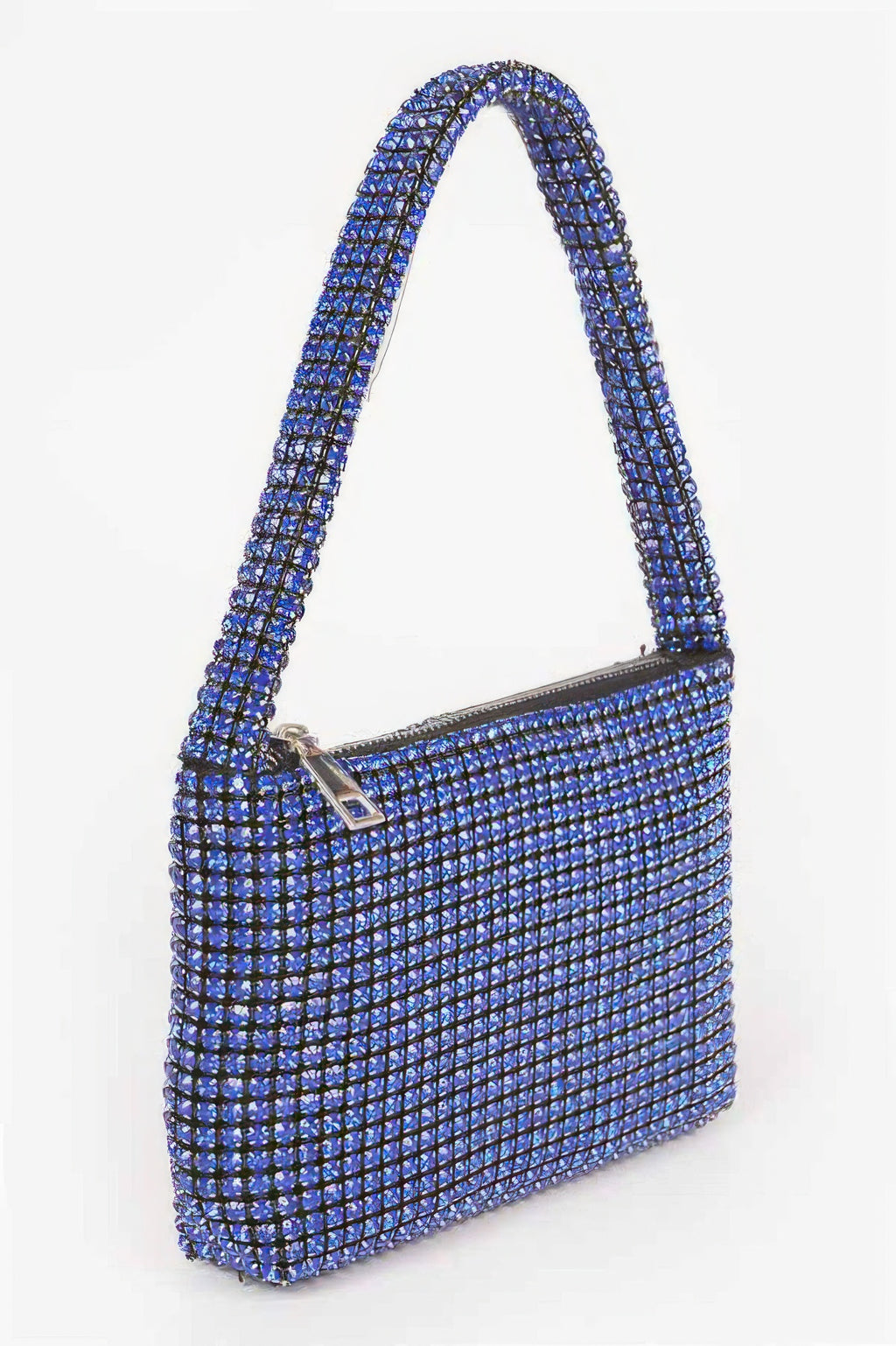 Oversized stone small hobo bag in cobalt blue, front zip pocket with metal pull