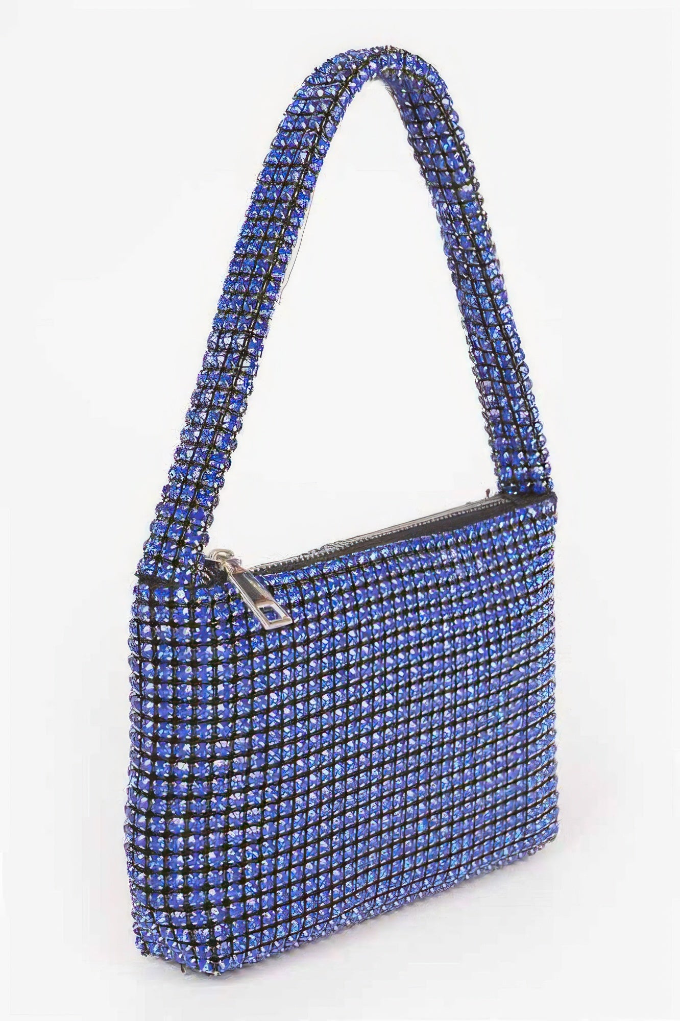 Oversized stone small hobo bag in cobalt blue, front zip pocket with metal pull
