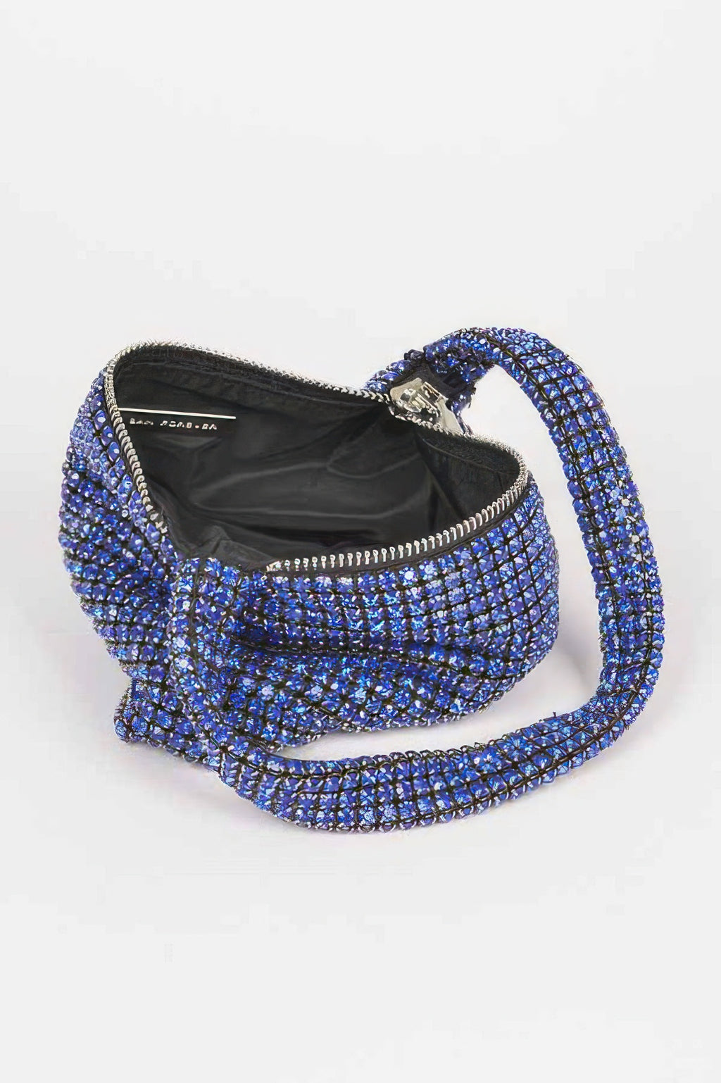 Oversized stone small hobo bag in cobalt blue rhinestones, open top with zipper