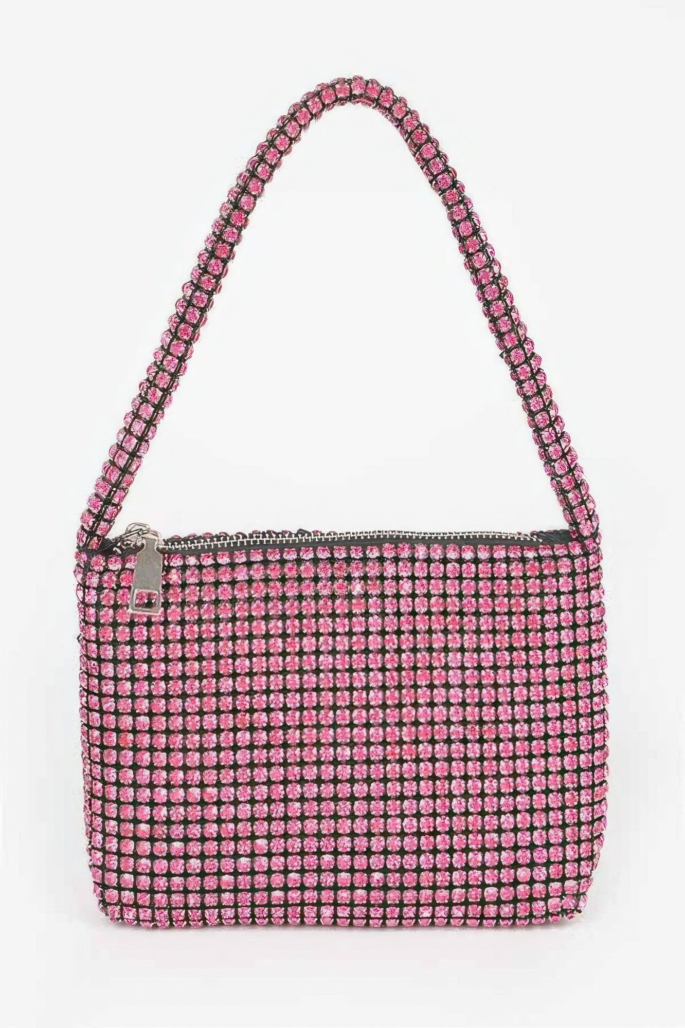 Oversized stone small hobo bag in fuchsia pink rhinestones, zip top, long handles