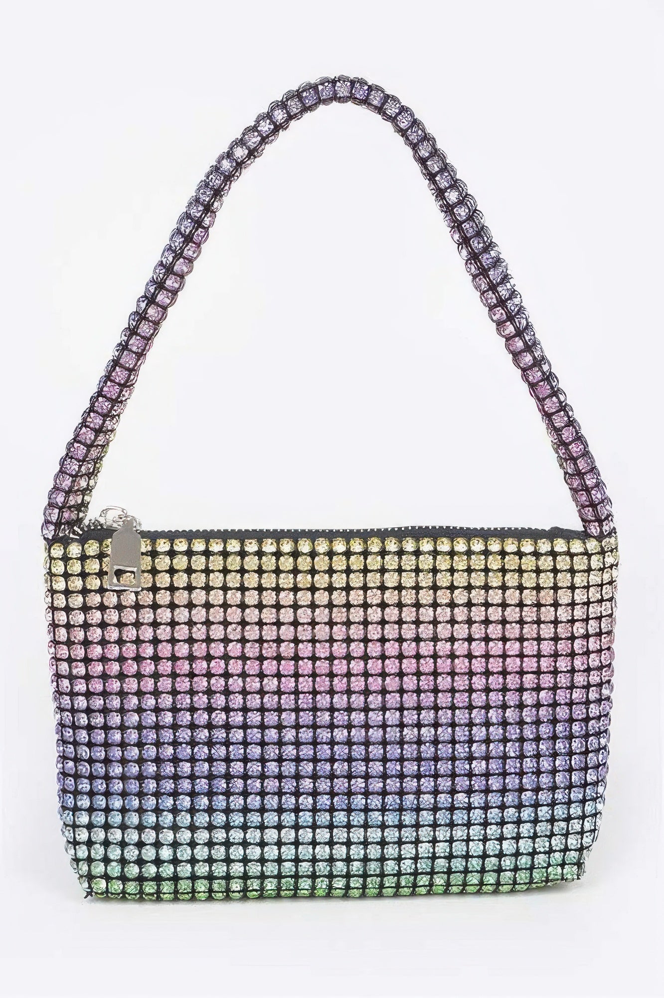 Oversized stone small hobo bag in multicolor rhinestones, zip top, long handles