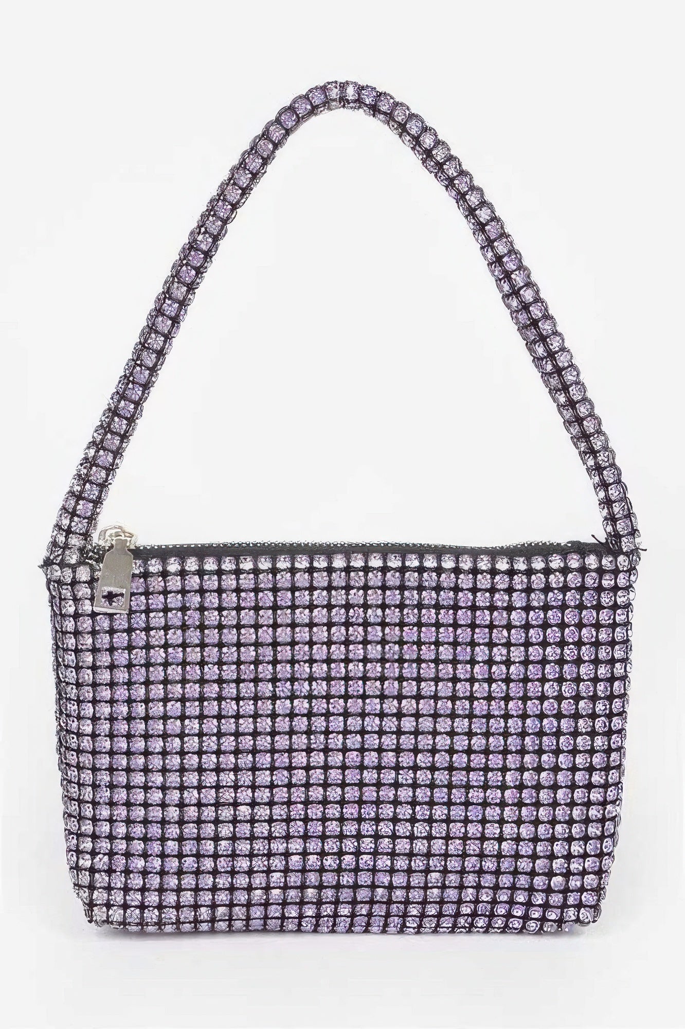 Oversized stone small hobo bag in purple rhinestones, zip top, shoulder handles