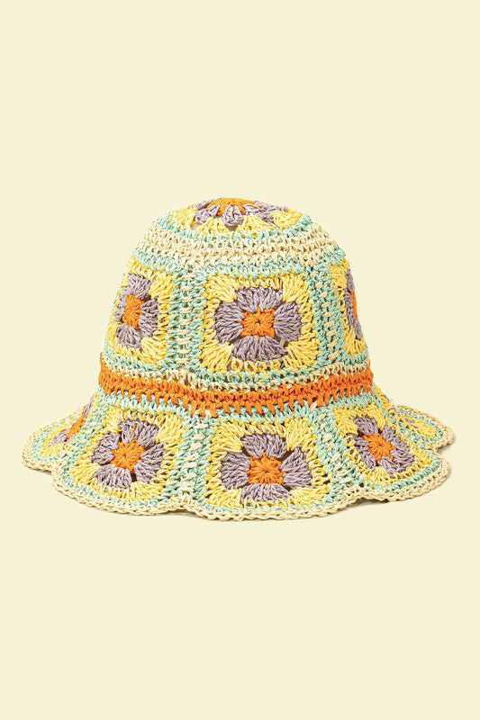 Multicolor granny-square crochet bucket hat, packable, one size