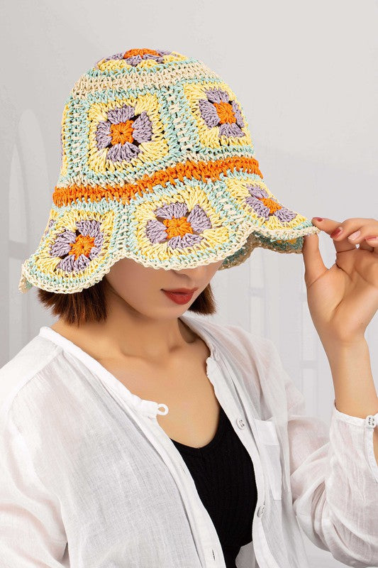 Multicolor crochet bucket hat with granny-square panels, wide brim, one size