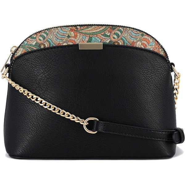 Black small dome crossbody bag with gold chain shoulder strap and paisley top lining