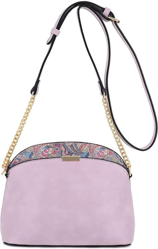 Small dome crossbody bag in lavender with paisley top trim and chain straps
