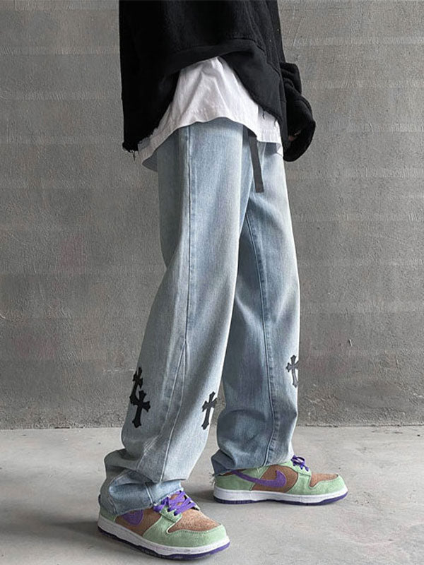 Men's Light Wash Denim Jeans Size M. With Cross Patch Design - Tigbul's Fashion