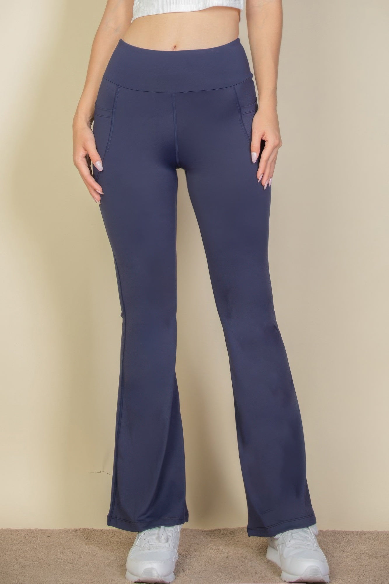 High Waist Side Pocket Flare Leggings, Navy blue