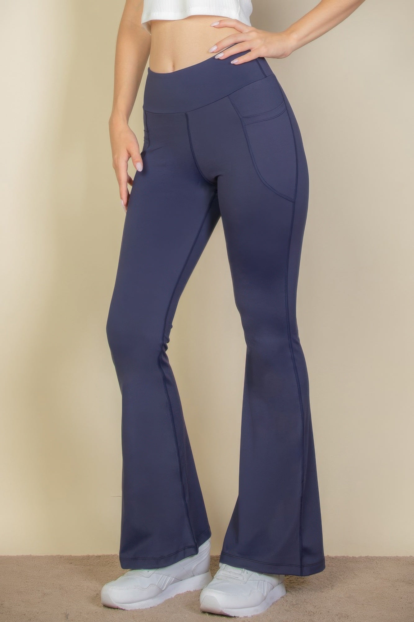 High Waist Side Pocket Flare Leggings in Navy, side pocket detail