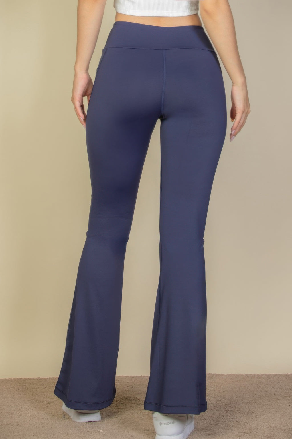 High-waist flare leggings in navy blue, full-length front view