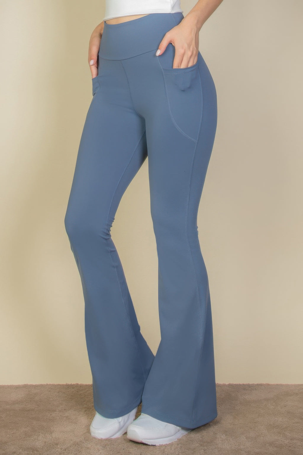 High Waist Side Pocket Flare Leggings in Slate Blue, side view