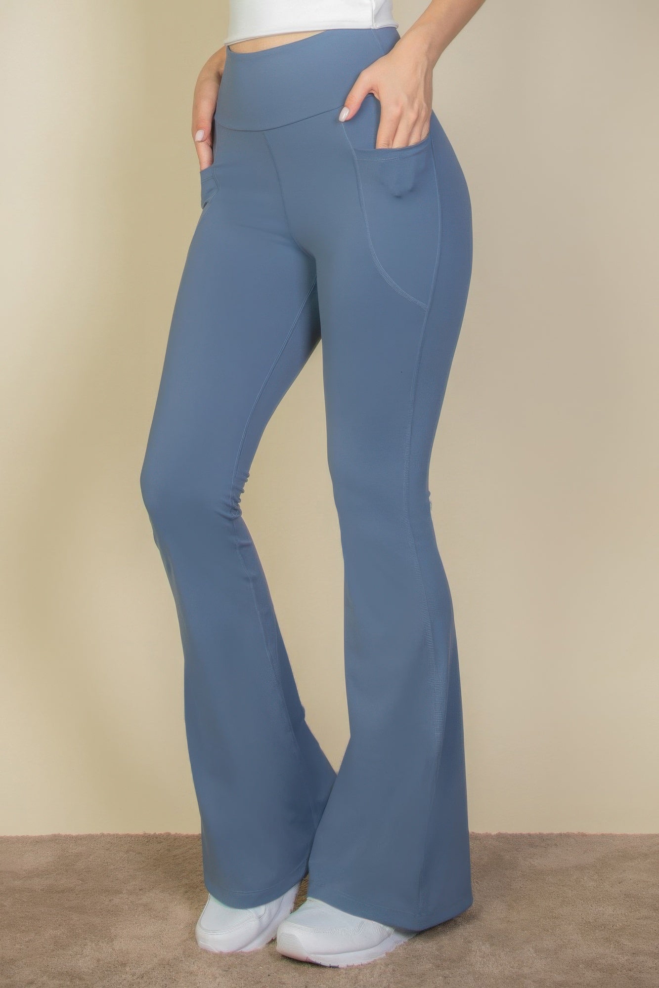 High Waist Side Pocket Flare Leggings in Slate Blue, side view