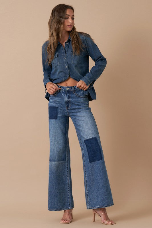 Relaxed Wide Leg Patchwork Blue Jeans - Tigbul's Variety Fashion Shop