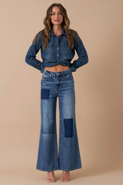 Relaxed Wide Leg Patchwork Blue Jeans - Tigbul's Variety Fashion Shop