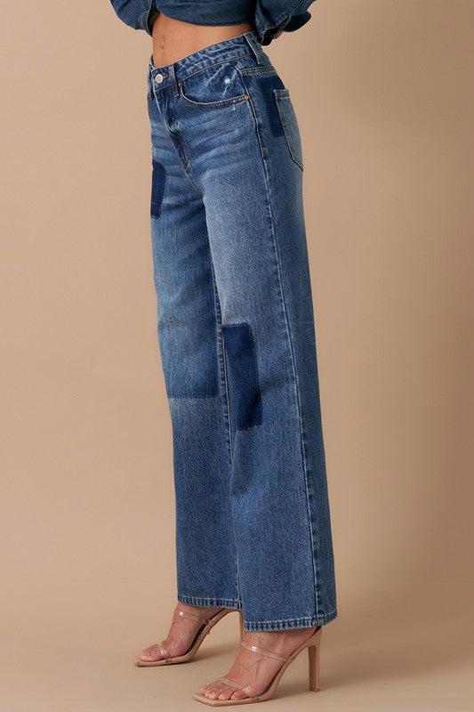Relaxed Wide Leg Patchwork Blue Jeans - Tigbul's Variety Fashion Shop
