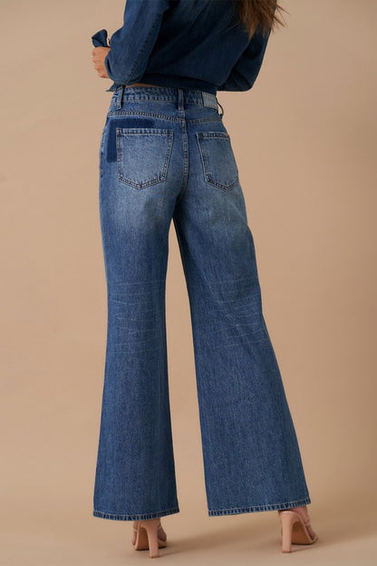 Relaxed Wide Leg Patchwork Blue Jeans - Tigbul's Variety Fashion Shop