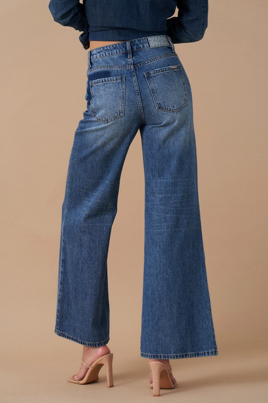 Relaxed Wide Leg Patchwork Blue Jeans - Tigbul's Variety Fashion Shop
