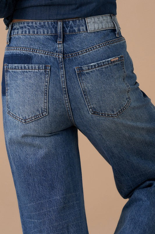 Relaxed Wide Leg Patchwork Blue Jeans - Tigbul's Variety Fashion Shop