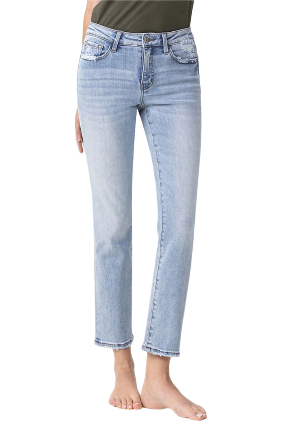 Light-blue jeans front close-up: midrise waistband, button closure, straight cropped leg